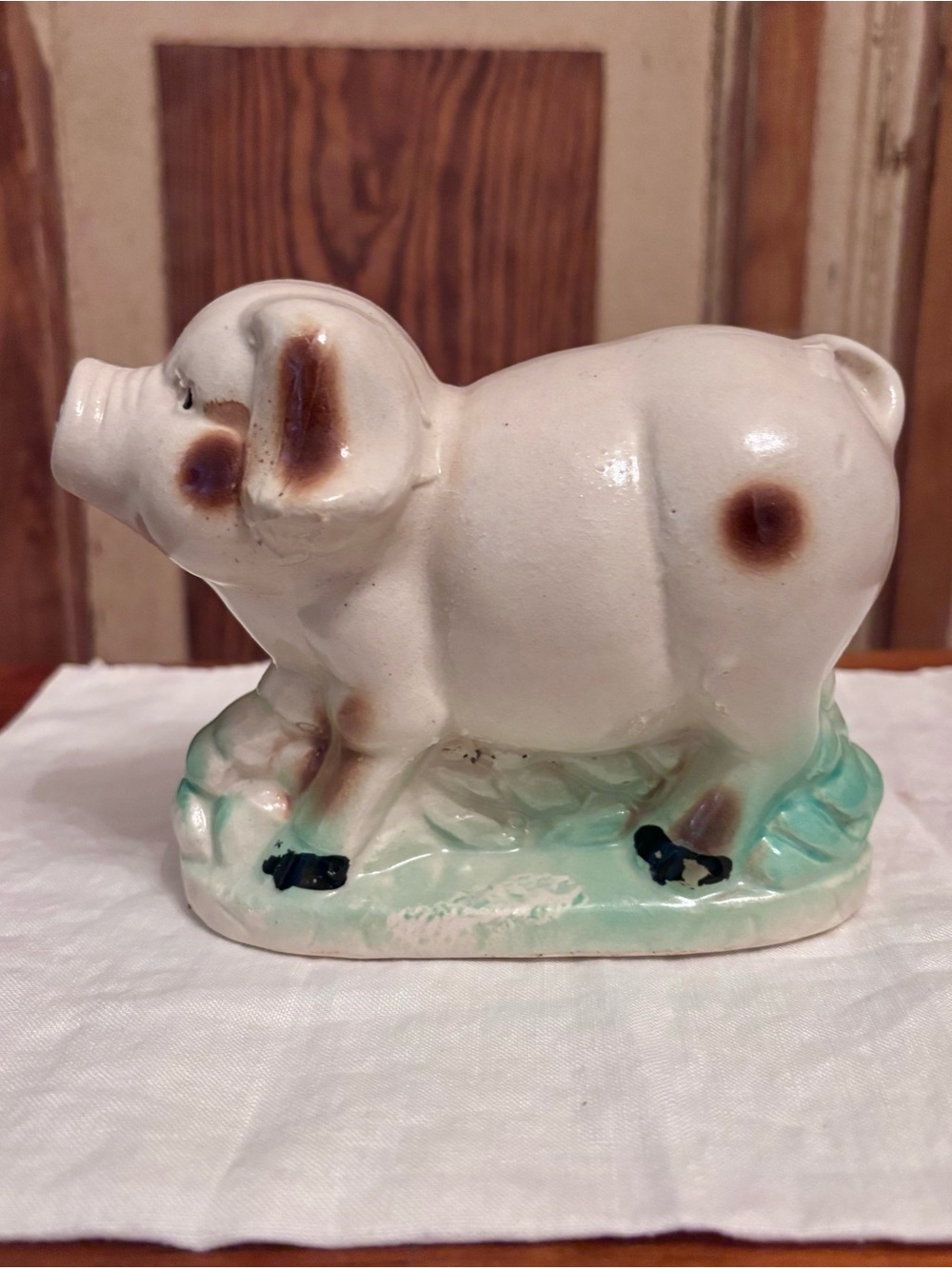 White Ceramic Pig Figurine with Brown Accents - Home Art